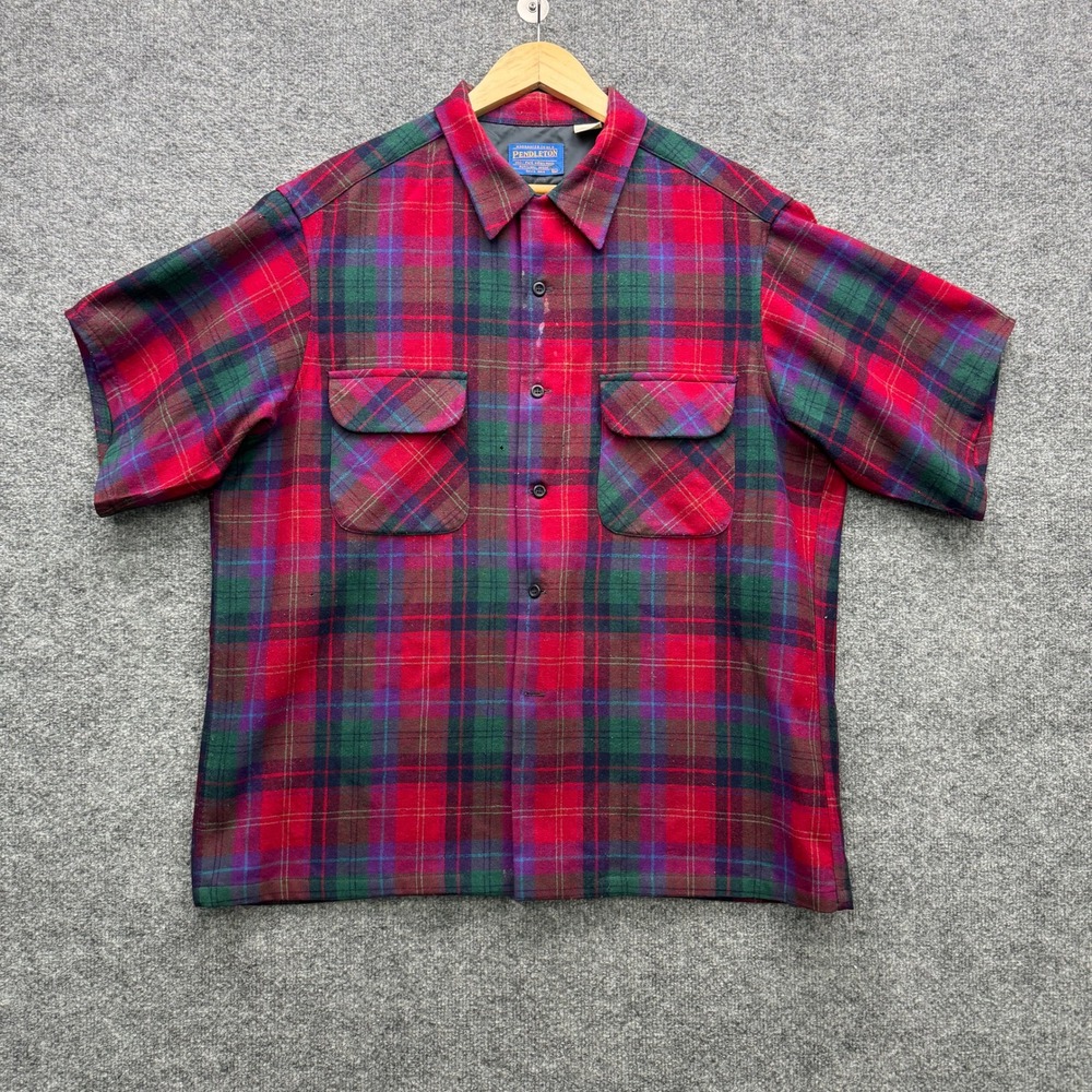 Vintage Pendleton Wool Shirt Men's Size XL Red Plaid Short Sleeve Flannel Casual